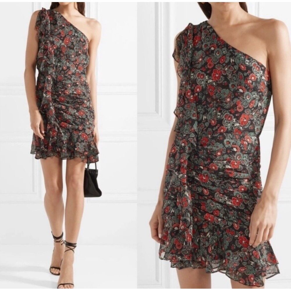 Veronica Beard One-Shoulder Floral Mini Dress in Black and Red